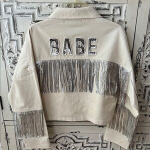 Amazing Lace Cream Jean Jacket with Silver Fringe #104